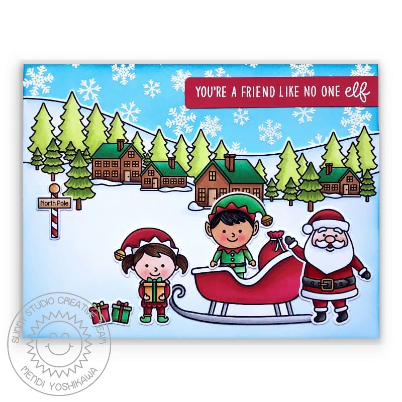Sunny Studio You're A Friend Like No One Elf Elves with Santa's Sleigh Holiday Christmas Card using North Pole Clear Stamps