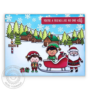 Sunny Studio Santa & Elves at North Pole Holiday Christmas Card (using Snow Flurries 2x3 Mini Snowflake Background Stamps)