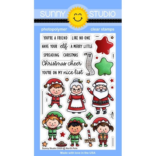 Sunny Studio Stamps North Pole Santa Claus, Elf, Elves & Mrs. Claus 4x6 Christmas Holiday Clear Photopolymer Stamp Set