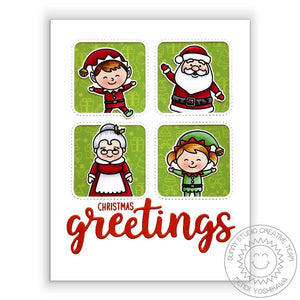 Sunny Studio Elves with Santa Claus & Mrs. Claus Grid Holiday Christmas Card using North Pole 4x6 Clear Photopolymer Stamps