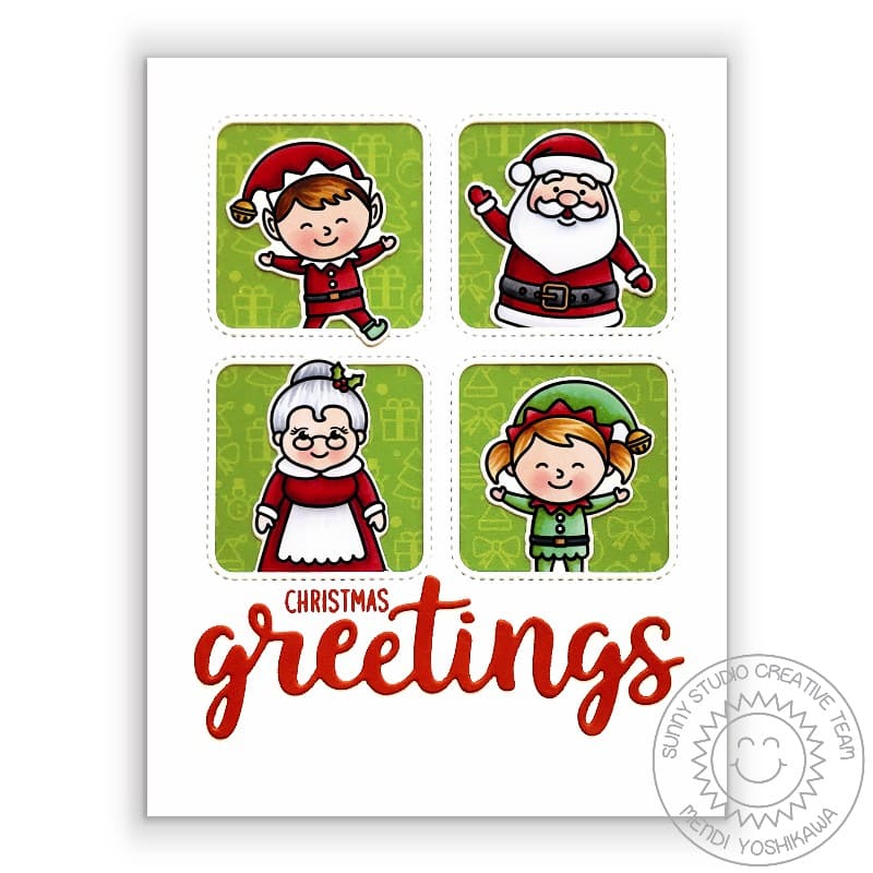 Sunny Studio Christmas Greetings Santa, Mrs. Claus & Elves Holiday Card (using Slimline Scalloped Frame Metal Cutting Dies)