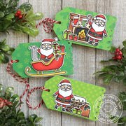 Sunny Studio Green Santa Claus with Chimney, Sleigh & Fireplace Holiday Christmas Gift Tags using North Pole Clear Stamps