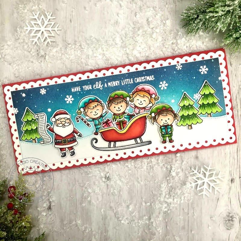 Sunny Studio Holiday Elves with Snowy Hills & Santa's Sleigh Christmas Card using Slimline Nature Borders Metal Cutting Dies