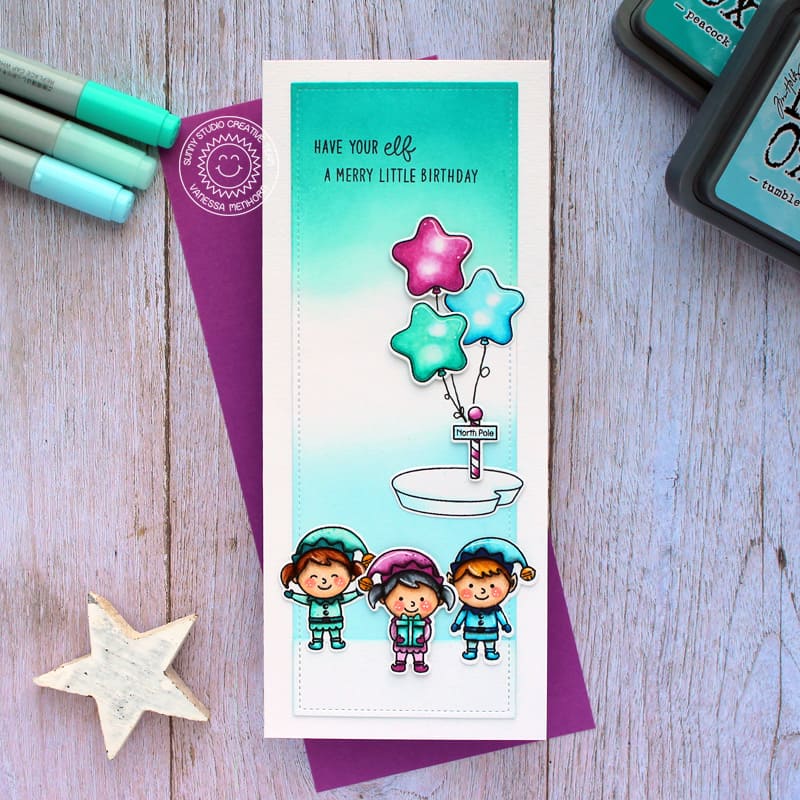 Sunny Studio Have Your Elf A Merry Little Birthday Punny Elves Puns Winter Birthday Card using North Pole 4x6 Clear Stamps
