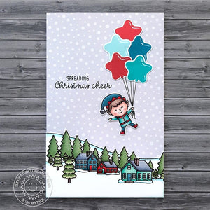 Sunny Studio Spreading Christmas Cheer Elf Floating with Star Balloons Handmade Holiday Card using North Pole Clear Stamps