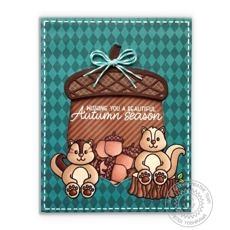 Sunny Studio Stamps Nutty For You Acorn & Chipmunks Autumn Shaker Card by Mendi Yoshikawa