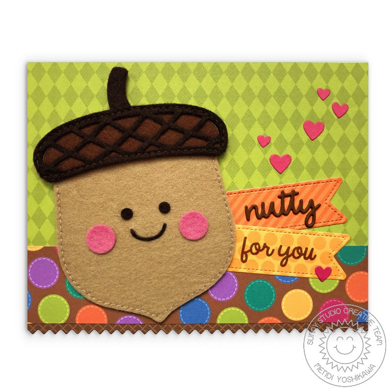 Sunny Studio Stamps Nutty For You Felt Fall Acorn Card by Mendi Yoshikawa (using Preppy Prints 6x6 Patterned Paper)