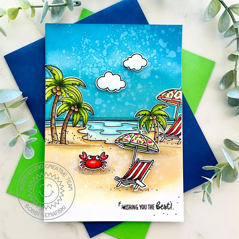 Sunny Studio Fishing You The Best Crab with Palm Trees, Summer Beach Chair & Umbrella Card (using Ocean View 4x6 Clear Stamps)