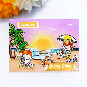 Sunny Studio Wishing You Sunny Smiles Kids Playing on the Beach Summer Sunset Card (using Kiddie Pool 4x6 Clear Stamps)