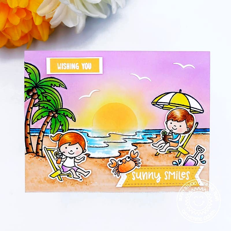 Sunny Studio Wishing You Sunny Smiles Kids Playing on the Beach Summer Sunset Card (using Ocean View 4x6 Clear Stamps)