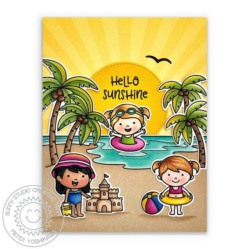 Sunny Studio Hello Sunshine Kids Playing on the Beach Summer Sunburst Card (using Ocean View Scenes 4x6 Clear Stamps)