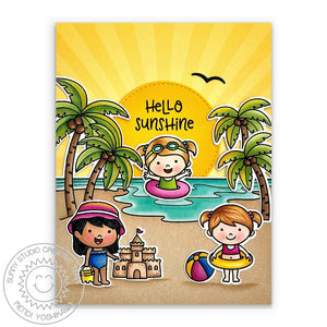Sunny Studio Hello Sunshine Kids Playing on the Beach Summer Sunburst Card (using Ocean View Scenes 4x6 Clear Stamps)