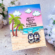 Sunny Studio Life of Happiness, Love & Adventure Penguin Bride & Groom Beach Wedding Card (using Wedded Bliss Clear Stamps)