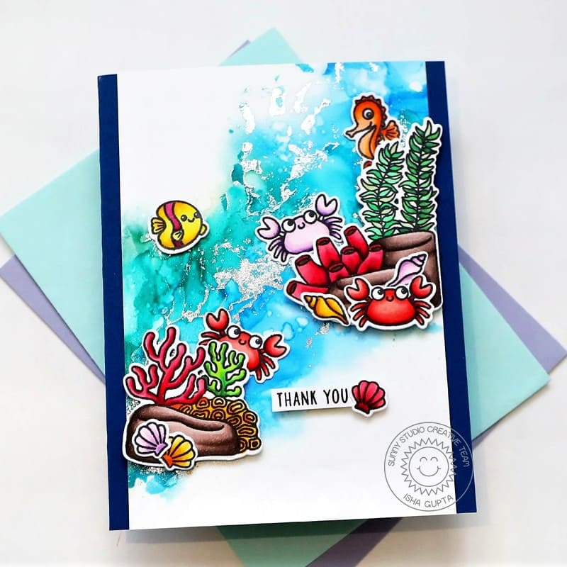 Sunny Studio Stamps Fish & Coral with Alcohol Ink Water Diagonal Background Card (using Fintastic Friends Clear Stamps)