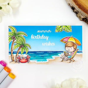 Sunny Studio Crab & Kid Sitting in Beach Chair with Umbrella Summer Slimline Birthday Card (using Ocean View 4x6 Clear Stamps)