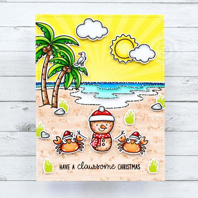 Sunny Studio Crabs & Snowman with Ocean Beach Tropical Warm Climate Christmas Card (using Ocean View 4x6 Clear Stamps)