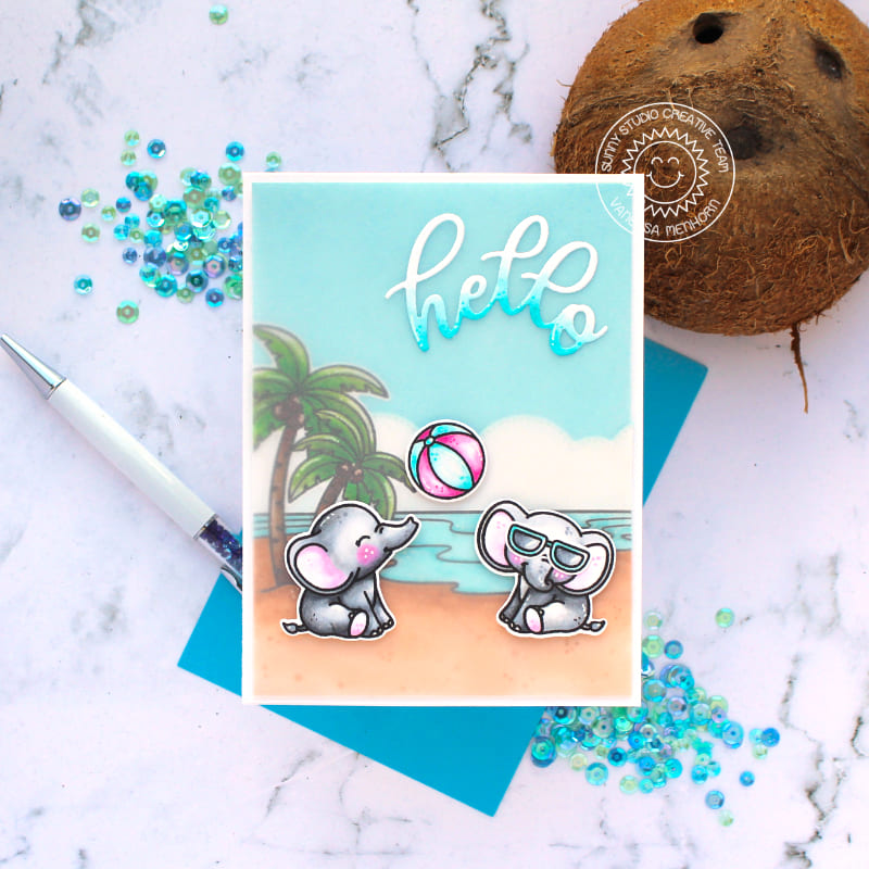 Sunny Studio Elephants Playing with Beach Ball with Palm Trees Summer Hello Card (using Ocean View Clear Scene Stamps)