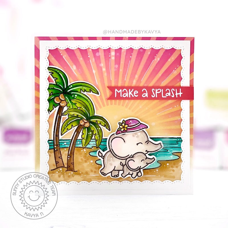 Sunny Studio Make A Splash Mother & Baby Elephant with Palm Trees Summer Sunburst Card using Baby Elephants 4x6 Clear Stamps