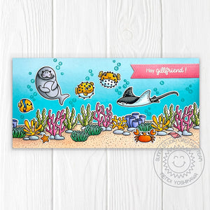 Sunny Studio Hey Gillfriend Manatee, Stingray & Pufferfish Punny Summer Slimline Card (using Fintastic Friends 4x6 Clear Stamps)