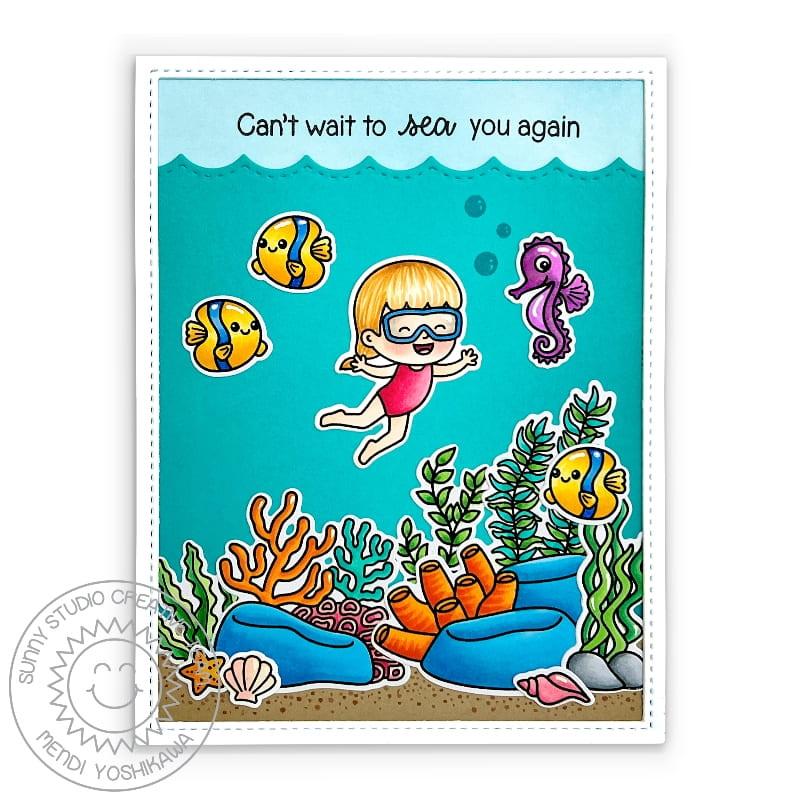 Sunny Studio Girl Snorkeling in Ocean Waves with Fish & Seahorse Summer Card (using Fintastic Friends 4x6 Clear Stamps)