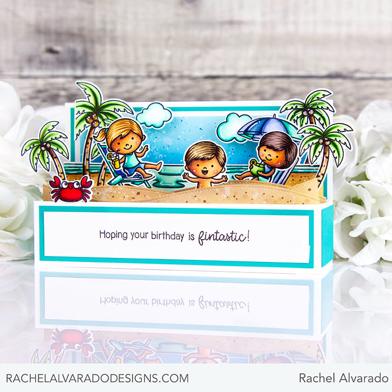 Sunny Studio Kids Playing on Beach Punny Summer Birthday Mini Slimline Pop-up Box Card (using Ocean View 4x6 Clear Stamps)