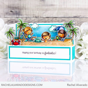 Sunny Studio Kids Playing on Beach Punny Summer Birthday Mini Slimline Pop-up Box Card (using Kiddie Pool 4x6 Clear Stamps)