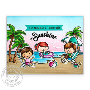 Sunny Studio Summer Sunshine Kids Playing on Beach with Lounge Chairs Card (using Kiddie Pool 4x6 Clear Stamps)
