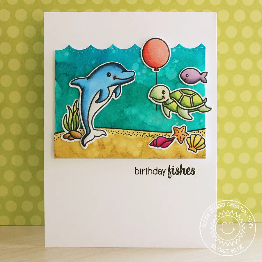 Sunny Studio Stamps Dolphin & Sea Turtle Ocean Birthday Card using Stitched Scallop Border metal cutting dies for waves
