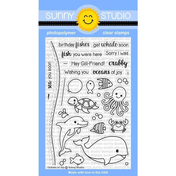Sunny Studio Oceans of Joy Sea Creatures Clear Photopolymer Stamps featuring Whale, Octopus, Turtle, Dolphin, Fish & Crab