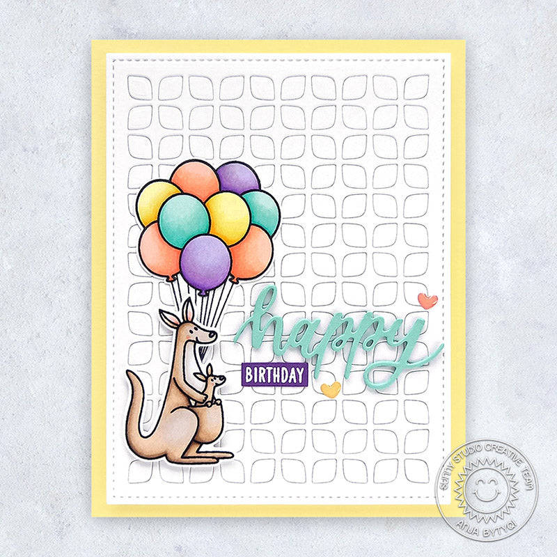 Sunny Studio Kangaroo with Baby in Pouch & Balloons Birthday Card (using Outback Critters 4x6 Clear Stamps)