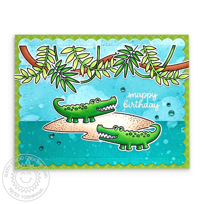 Sunny Studio Stamps Snappy Birthday Punny Alligator Crocodile Card (using Blue Topaz & Aquamarine Jewels Rhinestones)