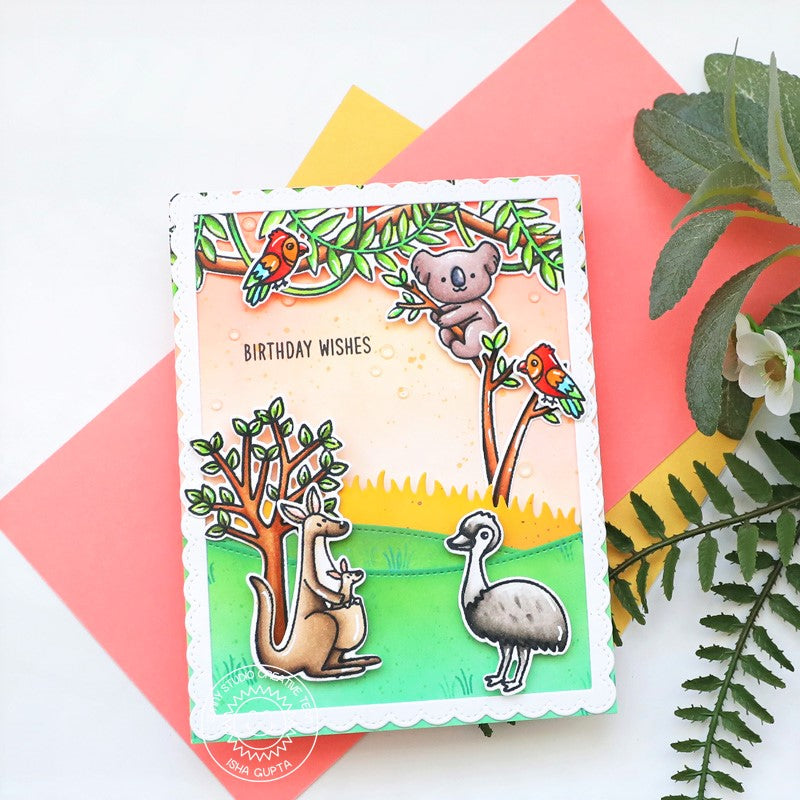 Sunny Studio Aussie Kangaroo, Emu & Koala Birthday Card (using Outback Critters Clear Stamps)
