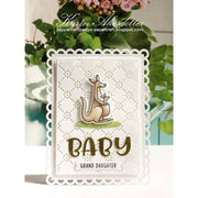 Sunny Studio Stamps Kangaroo Baby Card using scalloped Frilly Frames Eyelet Lace Background Backdrop Mat Metal Cutting Dies