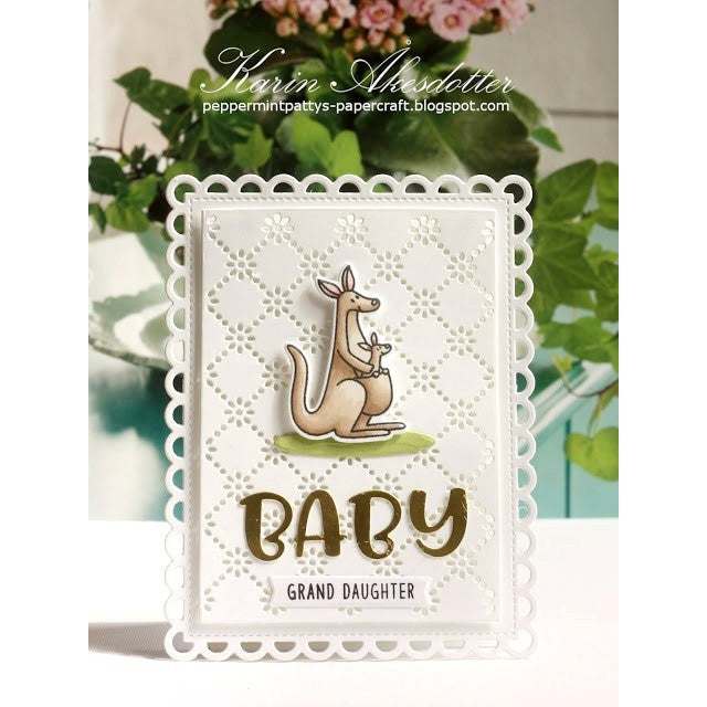 Sunny Studio Kangaroo Eyelet Lace Baby Grand Daughter Card (using Outback Critters Clear Stamps)