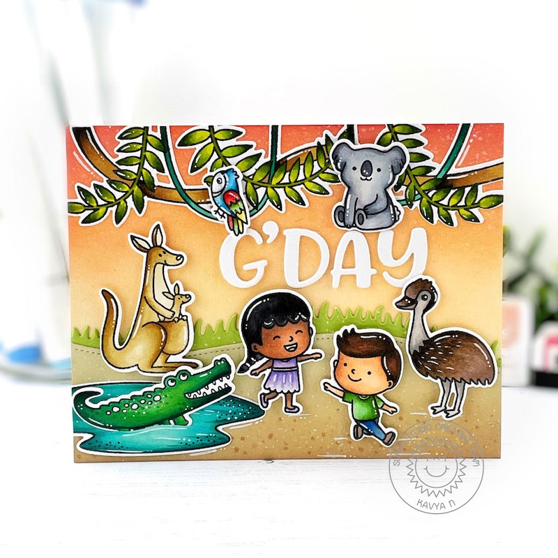 Sunny Studio Stamps G'day Koala Bear, Emu, Kangaroo & Crocodile Handmade Card (using Chloe Alphabet Metal Cutting Dies)