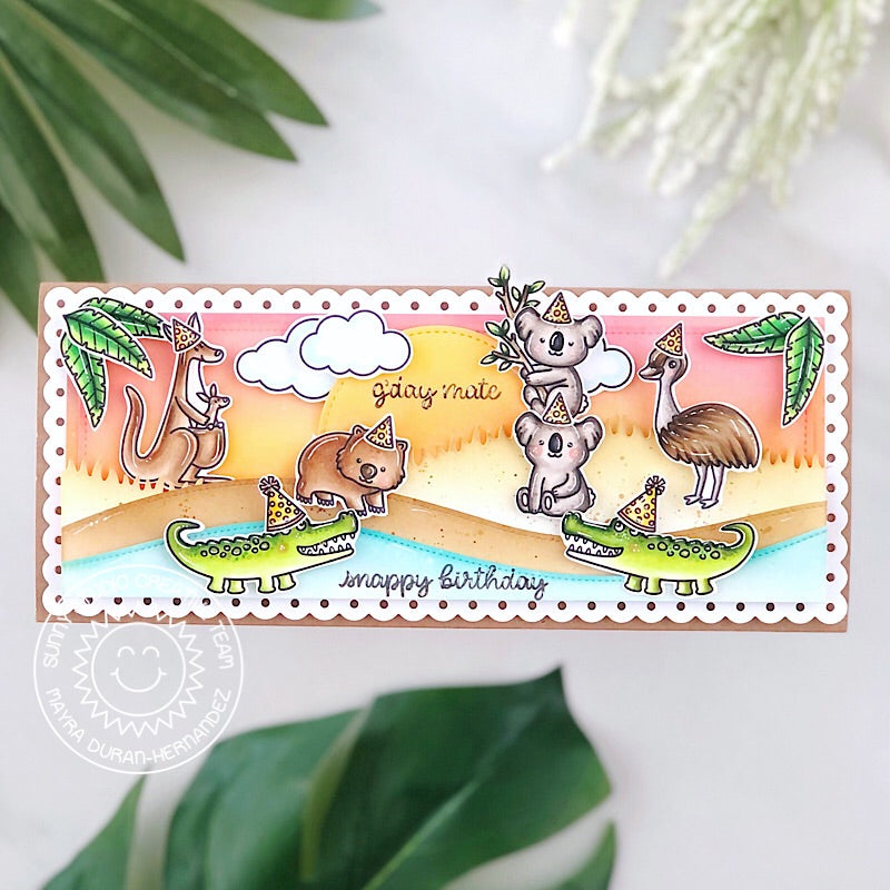 Sunny Studio G'day Mate!  Have a Snappy Birthday Crocodiles with Kangaroo, Koala, Emu and Wombat Slimline Card (using Outback Critters 4x6 Clear Stamps)