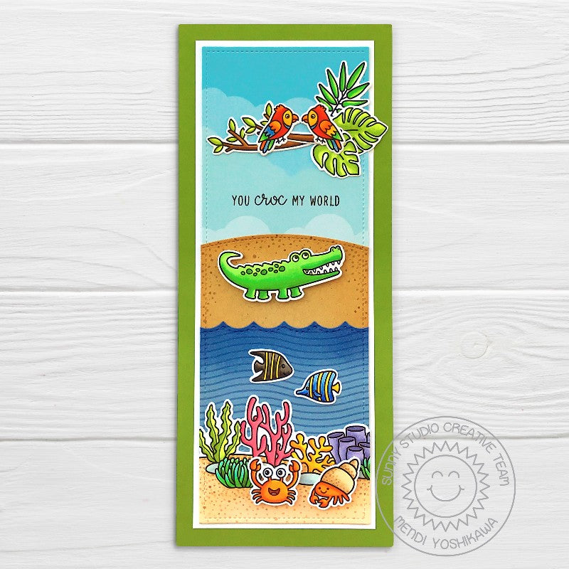 Sunny Studio Stamps You  Croc My World Punny Crocodile & Parrots Sky, Land & Sea Slimline Card (using Outback Critters Clear Stamps)