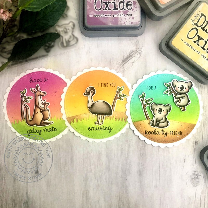 Sunny Studio Stamps Punny Emu, Kangaroo & Koala Circular Round Shaped Cards using Scalloped Circle Mat 1 Metal Cutting Dies