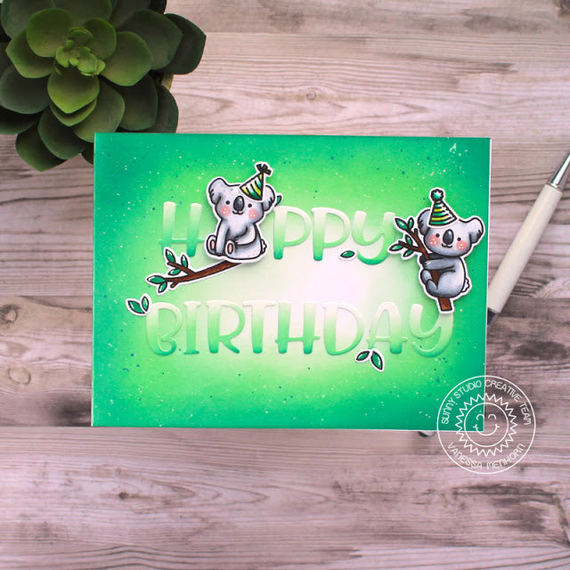 Sunny Studio Stamps Green Koala Happy Birthday Card (using Chloe Alphabet Metal Cutting Dies)