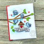 Sunny Studio Stamps Birds with Tree Branch & Birdhouse Punny Birthday Card (using Out on a Limb Metal Cutting Dies)