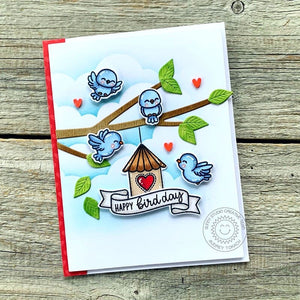 Sunny Studio Birds with Tree Branch & Birdhouse Punny Spring Birthday Card (using Little Birdie 4x6 Clear Stamps)