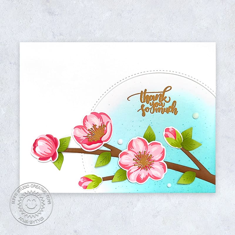Sunny Studio Stamps Cherry Blossoms with Tree Branch Slimline Thank You Card (using Out on a Limb Metal Cutting Dies)