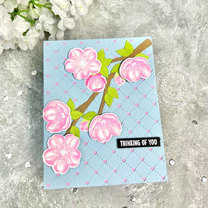 Sunny Studio Stamps Cherry Blossoms Tree Branch Thinking of You Card (using Quilted Hearts Backdrop Background Cutting Die)