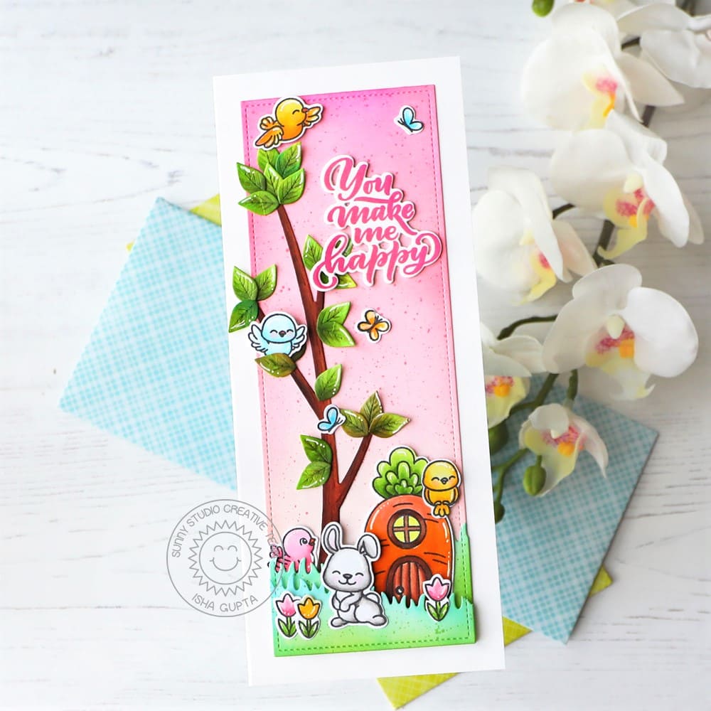 Sunny Studio You Make Me Happy Bunny Rabbit & Birds Sitting in a Tree Spring Slimline Card (using Bunnyville Clear Stamps)