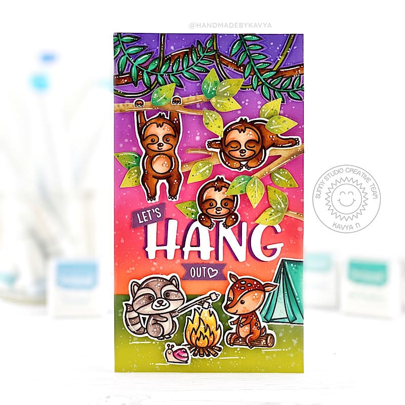 Sunny Studio Let's Hang Out Sloths Hanging in Trees Camping Themed Mini Slimline Card by Kavya (using Silly Sloths Clear Stamps)