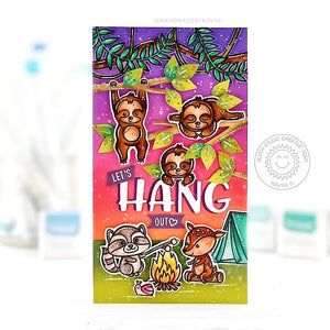 Sunny Studio Let's Hang Out Sloths Hanging in Trees Camping Themed Mini Slimline Card (using Critter Campout Clear Stamps)