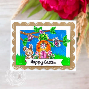Sunny Studio Bunny Rabbit with Carrot House & Floral Tree Branch Easter Card (using Bunnyville 4x6 Clear Stamps)