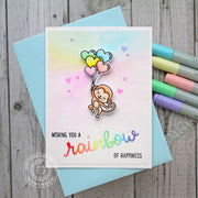 Sunny Studio Stamps Monkey Floating with Rainbow Heart Balloons Card (using Rainbow Word Die)