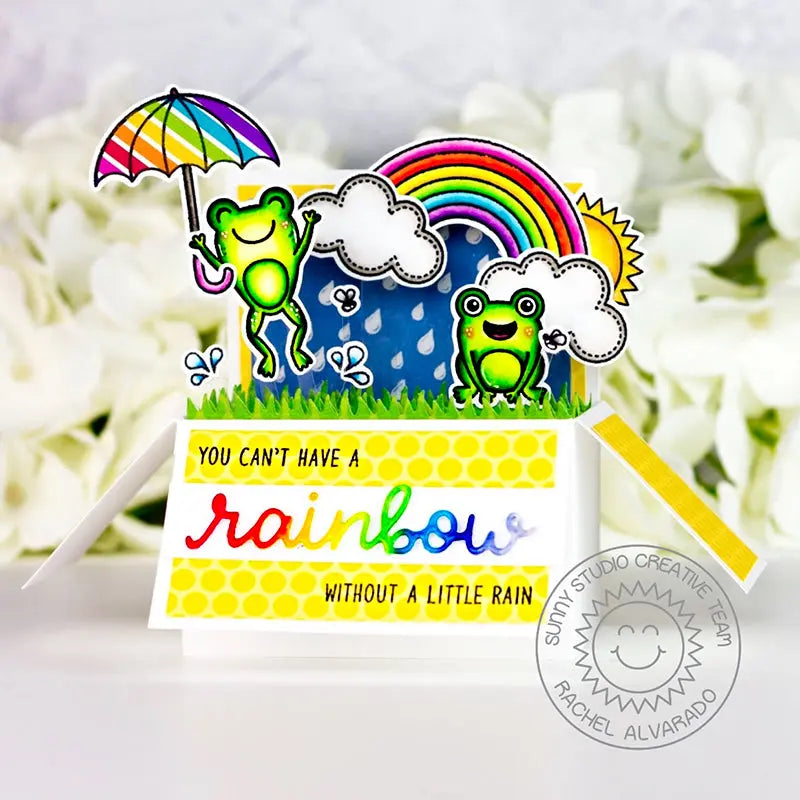Sunny Studio Stamps Froggy Friends Frog with Rainbow, Clouds, Sunshine & Umbrella Pop-up Box Card by Rachel Alvarado