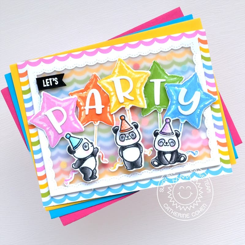Sunny Studio Let's Party Panda Bears with Mylar Balloons Rainbow Striped Birthday Card (using Panda Party 4x6 Clear Stamps)